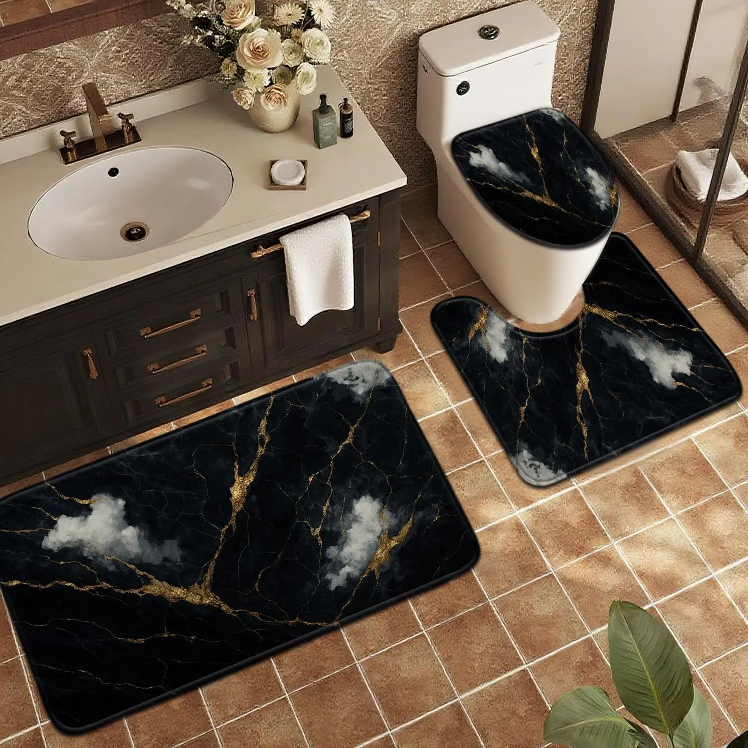 

Black Marble Bath Mat Set Luxury Bathroom Rug Home Decor Gold Vein Toilet Mat