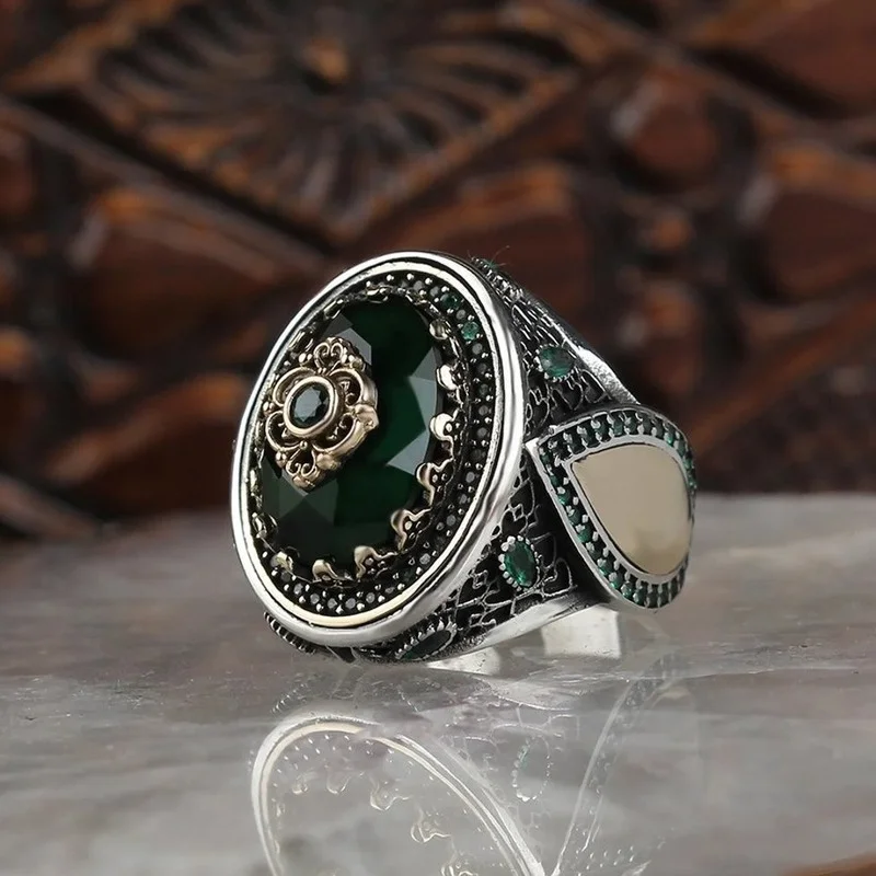 Vintage Hand Engraved Pattern Turkish Signet Ring for Men Fashion Set Green Stone Seal Islamic Muslim Jewelry