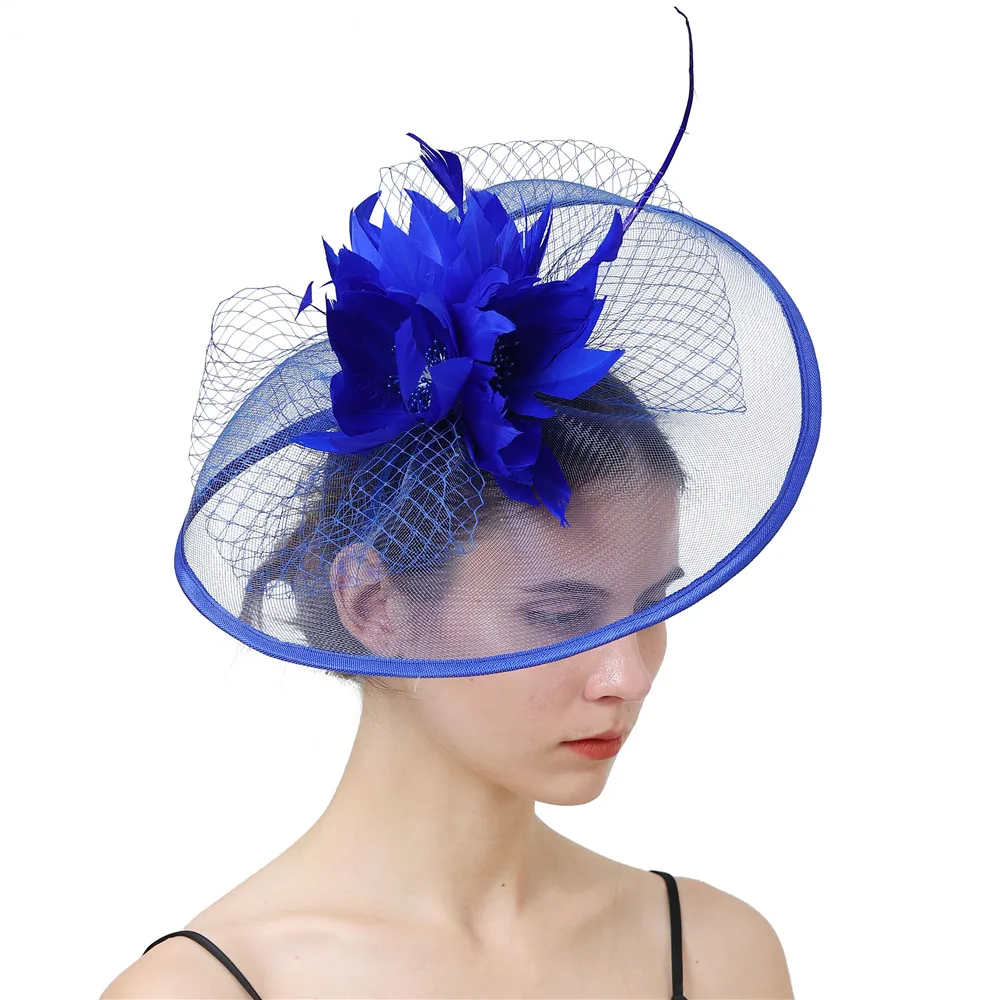 Royal Blue Cocktail Hat Fascinator dla kobiet wesele opaski francuski siateczkowy welon obręcz do włosów ozdoby Bride Feather spinki do włosów