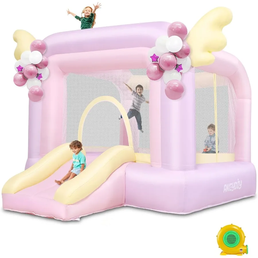 Dmuchany domek do skakania dla dzieci, 270 cm x 216 cm x 203 cm, domek do skakania w stylu makaroników z zjeżdżalnią, balony, zestaw do łapania piłek, piłka plażowa, Ba