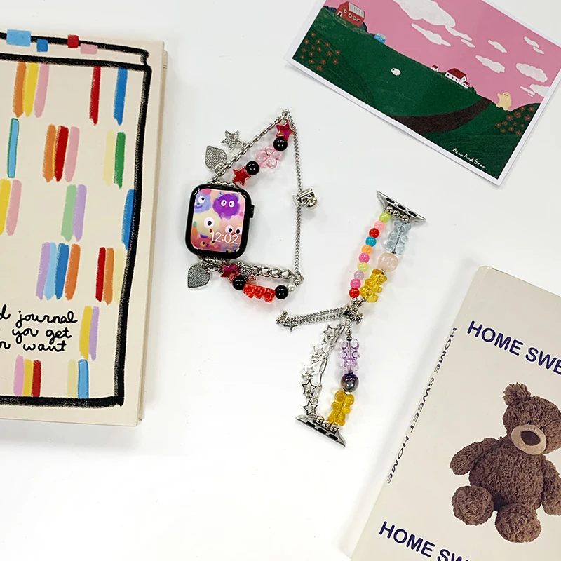 Gwiazda z metalu pasek do Apple Watch Serie 7 Corre 45mm 41 49 44mm Y2k bransoletka z koralików dla iWatch Band SE8654