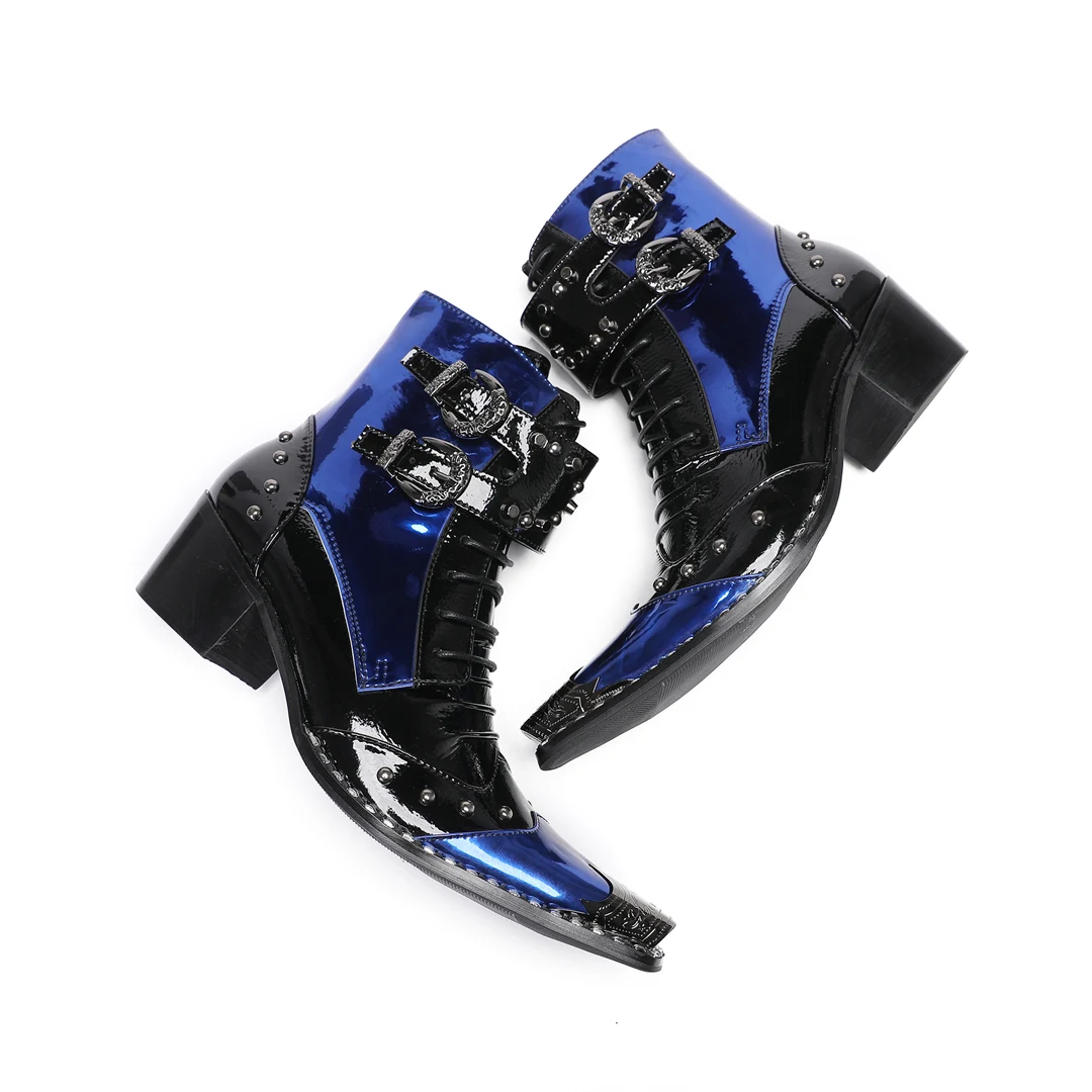 Black Blue Patchwork Patent Leather Men Short Boots Fashion Party Dress Boot Business Office Ankle Boot Plus Size Cowboy Boots