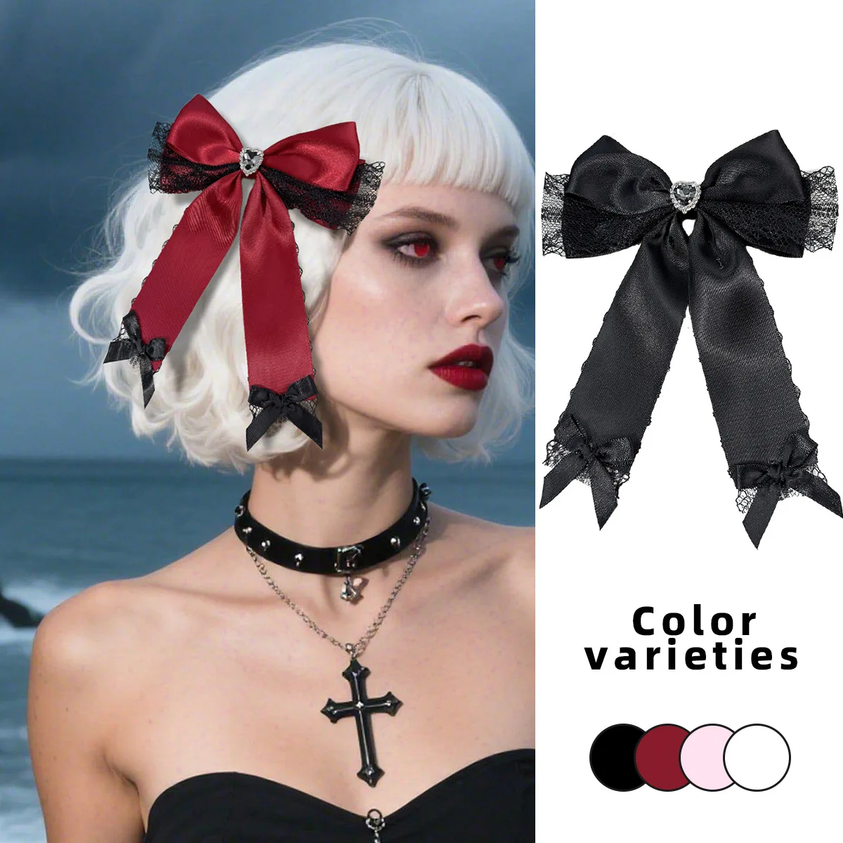 

24Pcs Dark Lolita Gothic Style Hair Clips Lace Embroidery Ribbon Bow Ladies' Long Tassel Barrettes Hairpins for Women Bulk