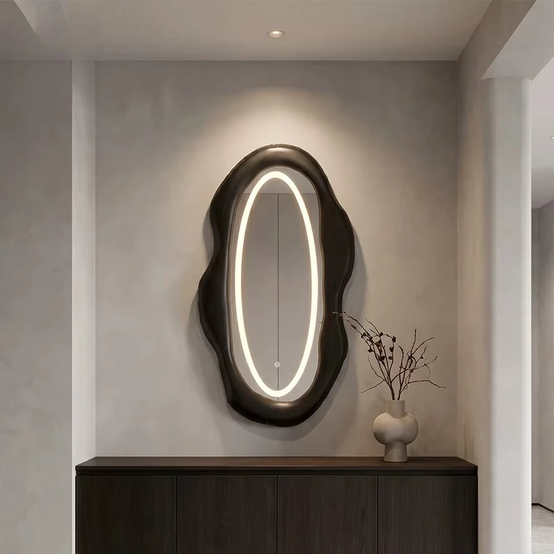 Modern wavy asymmetrical cloud-shaped textured border matte black steel frame wall mirror