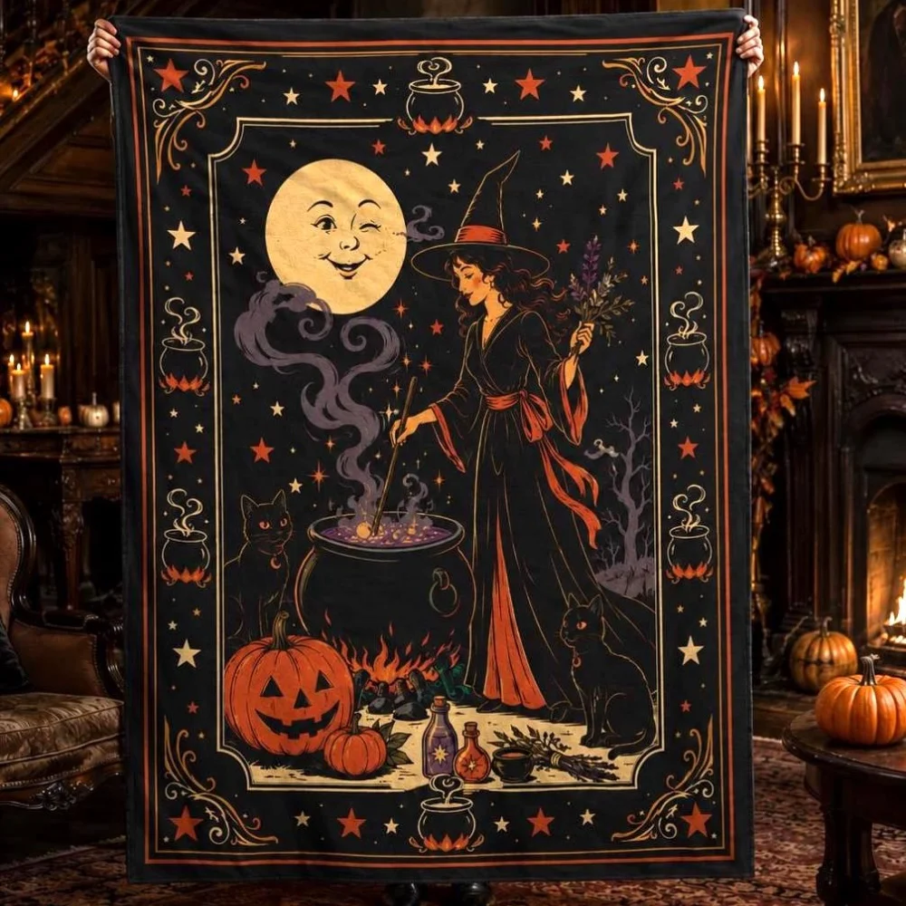 Vintage Witch Halloween Throw Blanket Retro Tarot Style Flannel Fleece Blanket with Black Cat Moon Pumpkin Cauldron for Home