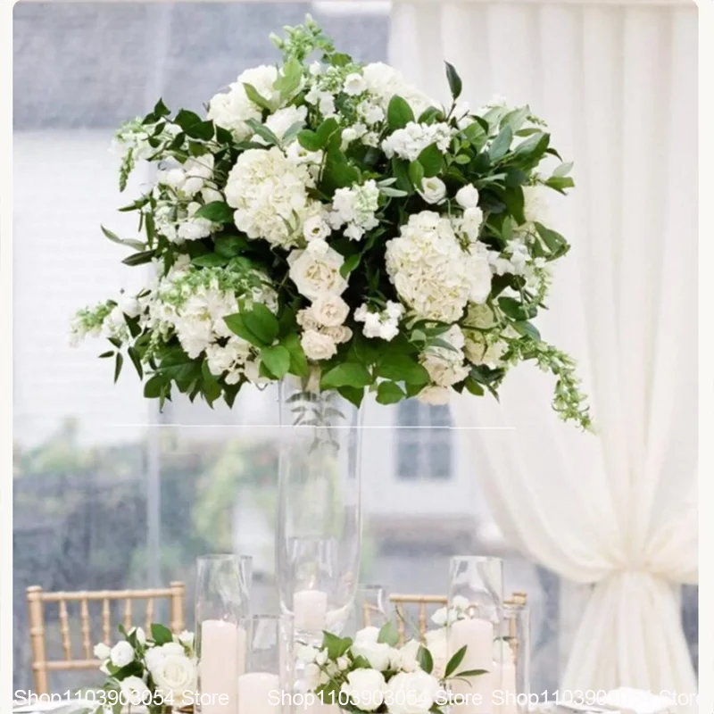 Weiße Hochzeitstischdekoration, künstliche Blumenarrangements, Hortensien, Rosen, Delphinien, Blumen für Hochzeitsfeier, Partydekoration – Detail 3