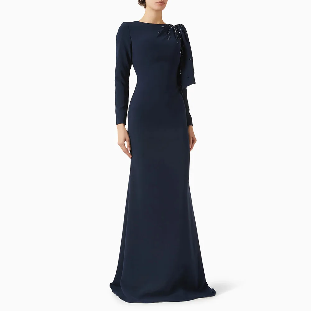 

Customized Navy Blue Evening Dress Mermaid Beading Long Sleeves O Neck Modern Prom Gowns Long Trumpet Elegant Formal Party Dress