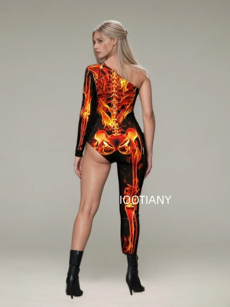 Gotischer Halloween-Skelett-Print-Bodysuit für Damen, One-Shoulder, einlanger Ärmel, asymmetrischer, enger Jumpsuit, Bühnen-Rave-Outfit – Detail 9