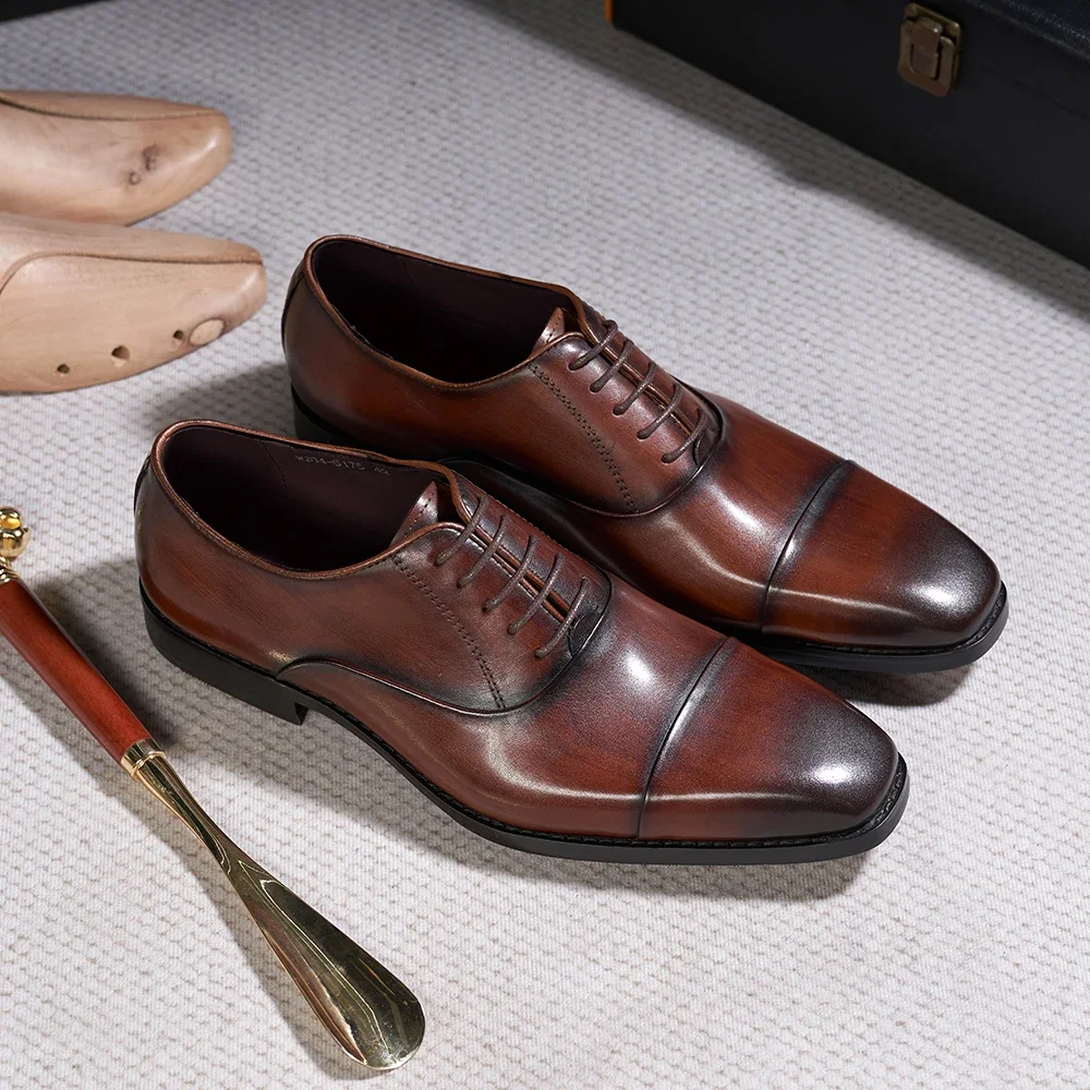 Zapatos Oxford clásicos con cordones para hombre, zapatos de oficina de lujo de cuero genuino, puntera sólida, calzado de vestir Formal para fiesta de boda