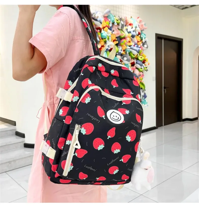 

New Cute Cartoon Strawberry Print Backpack Small Fresh Girl Heart Junior High School Student College Student Schoolbag