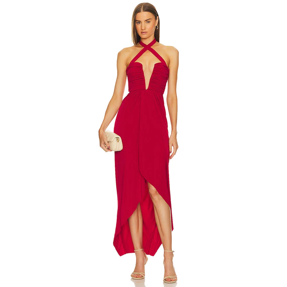 Sexy Red Cocktail Dress Halter Front Short Mermaid Holiday Party Gown Pleat Evening Dress Sleeveless Tea Length Saudi Dress
