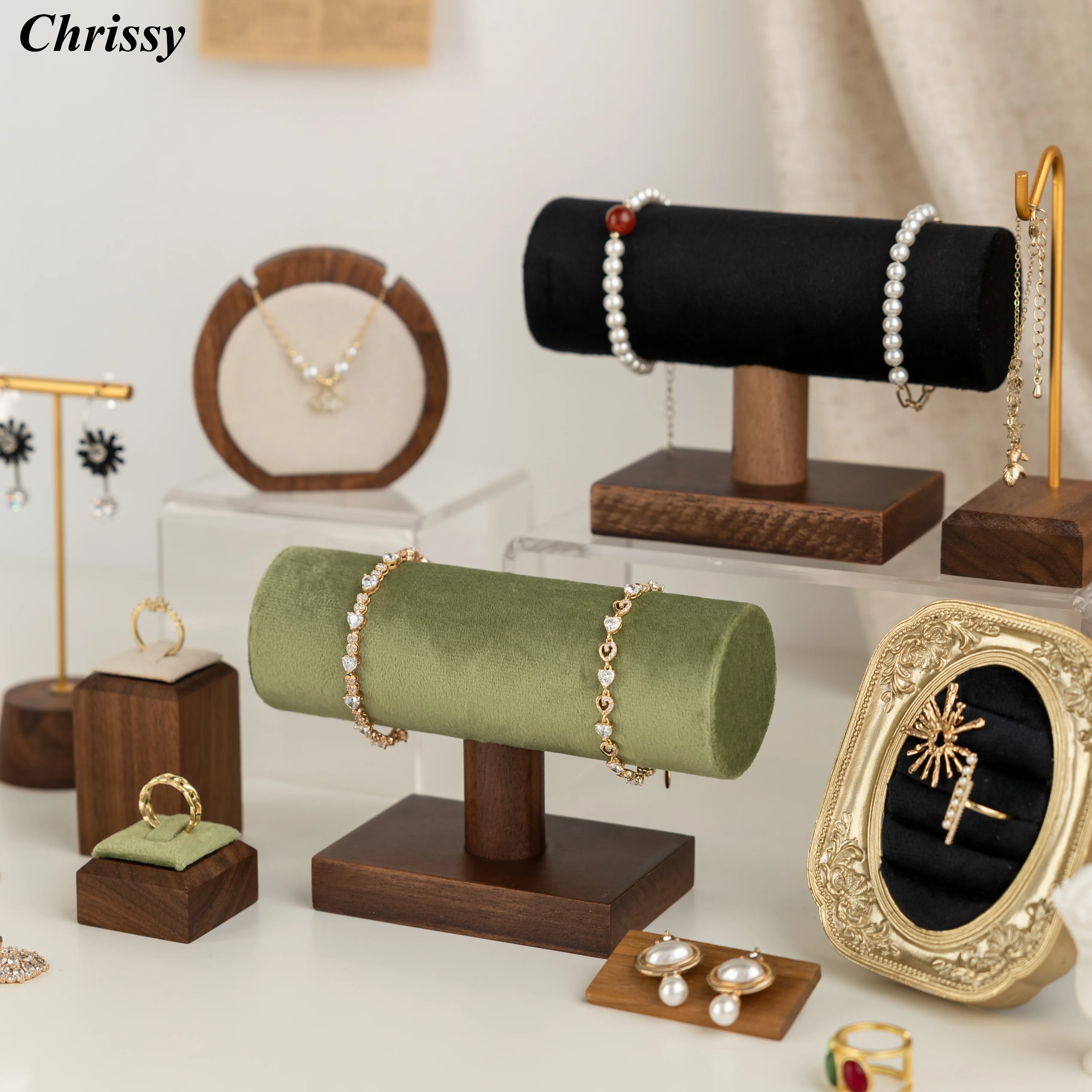 

Bracelet & Bangle Display Set, Solid Wood Stand with Ring Holder, Multi-Tier Jewelry Showcase Rack for Store