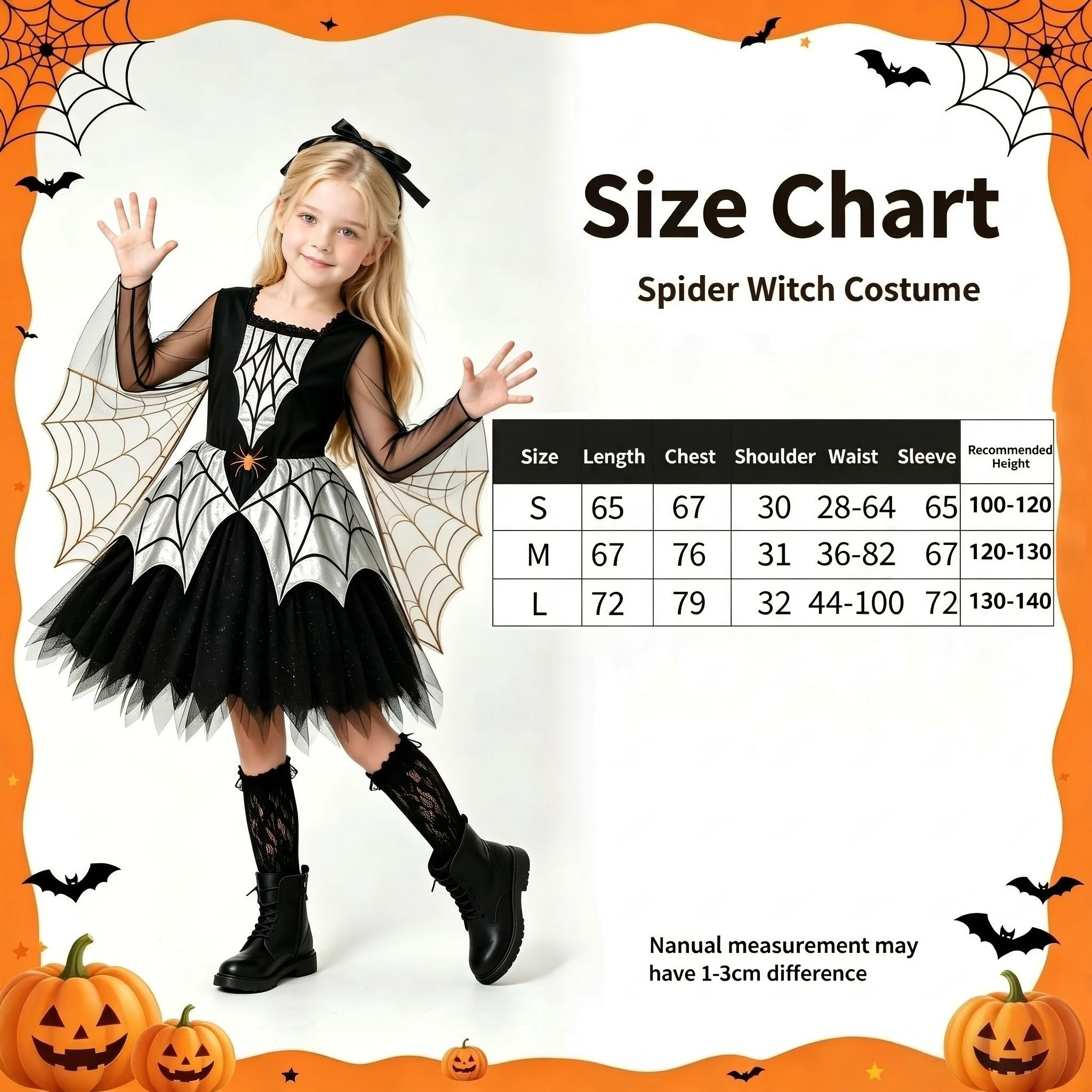 1er-Pack Mädchen-Kostüm mit Spinnen-Motiv, Spinnennetz-Umhang-Kleid, Halloween-Karnevals-Outfit für Bühnenauftritte & Cosplay-Partys – Detail 7