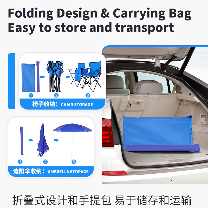 Portable Folding Double Camping Unit, Outdoor Beach Chair Built-in Cooler Bag & Sun Canopy
