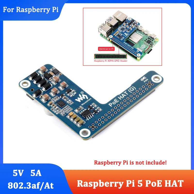 

Raspberry Pi 5 PoE HAT Power Over Ethernet HAT (G) 5 В 5 А выход поддерживает IEEE 802.3af/At сетевой стандарт для RPi 5