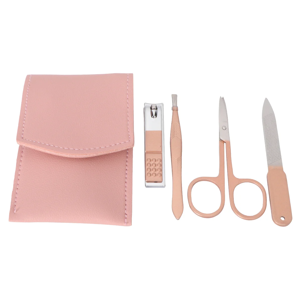 Zestaw do manicure ze stali nierdzewnej w kolorze różowego złota, pilnik, pęseta do brwi, nożyczki kosmetyczne, etui PU do użytku domowego i w podróży.