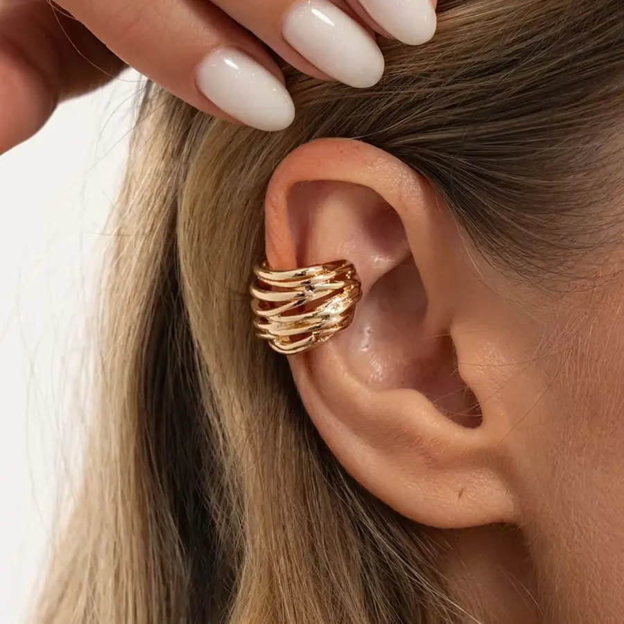 KunJoe Fashion Geometry Glossy Multiple Layer Textured Intersecting Knot Earrings Women Gold Color Non Piercing Ear Cuff Jewelry