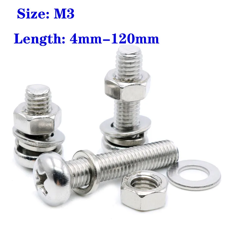 5/10/20/30/40/50pcs Set 304 Stainless Steel Round Phillips Pan Head Screw Spring Pad Gasket Combination M3x4-M3x120