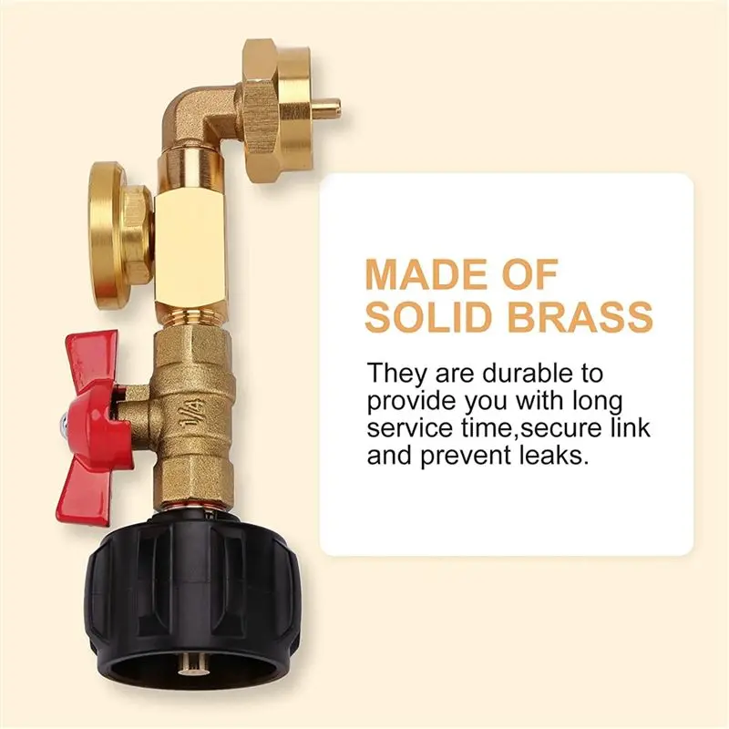 AEE2-Brass Propane Tank Adapter With Propane Tank Gauge, 90 Degrees Refill Pressure Adapter With ON-Off Control Valve
