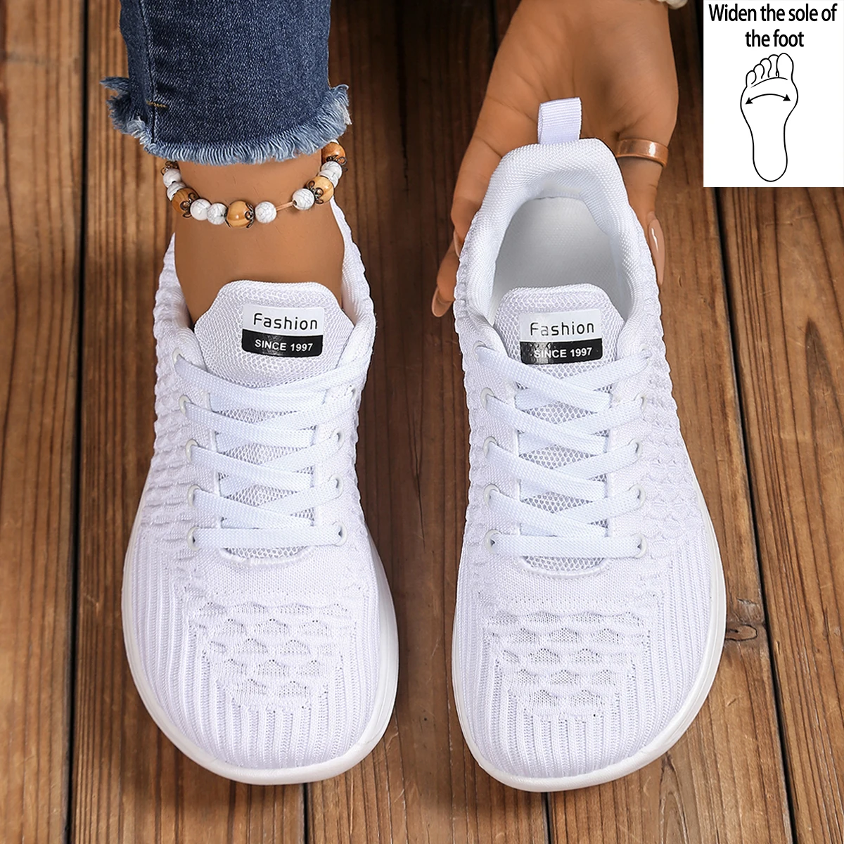 Women's Plus Size Wide Footbed Sport Shoes Solid Color Fishbone Striped Front Lacing for Sports and Versatile Wear
