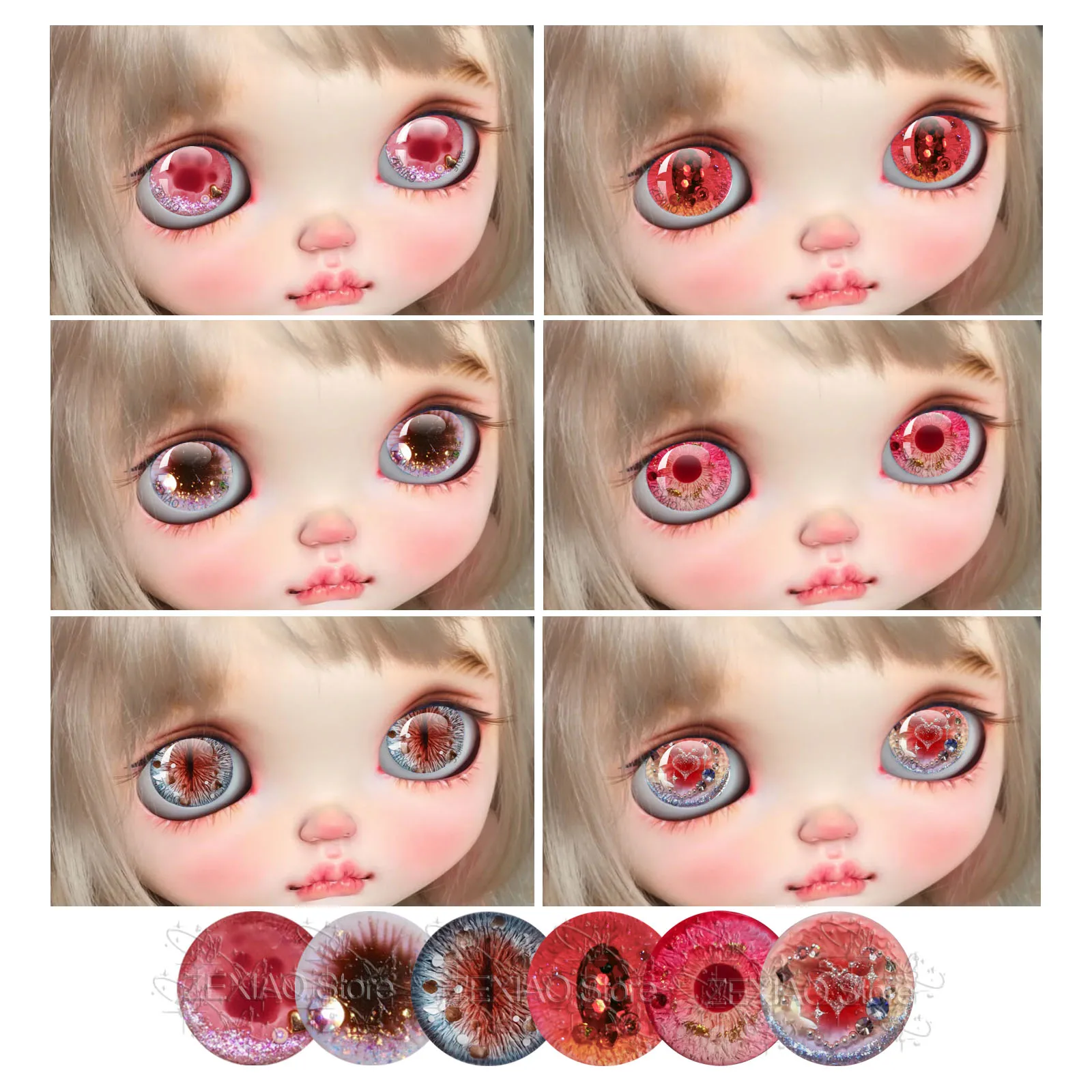 12Pcs Red Series Blythe Doll Eye Chip Starry Heart Pattern Cabochon Dragon Cat Animal Eye BJD Doll Making Supplies 10‑40mm MS006