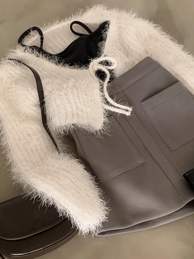 Korean Sle ort Knitted Sweater Coat Women's Autumn Winter High Waist Fluffy Cardigan Loose Fit Commute Sle Long Sve