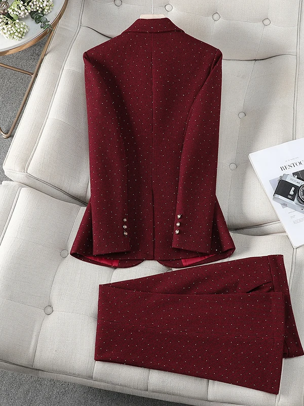 Business Women's Checkered Suit Jacket with Diamond Embellishment Commute Style Polyester Fiber Micro Flare Pants Set