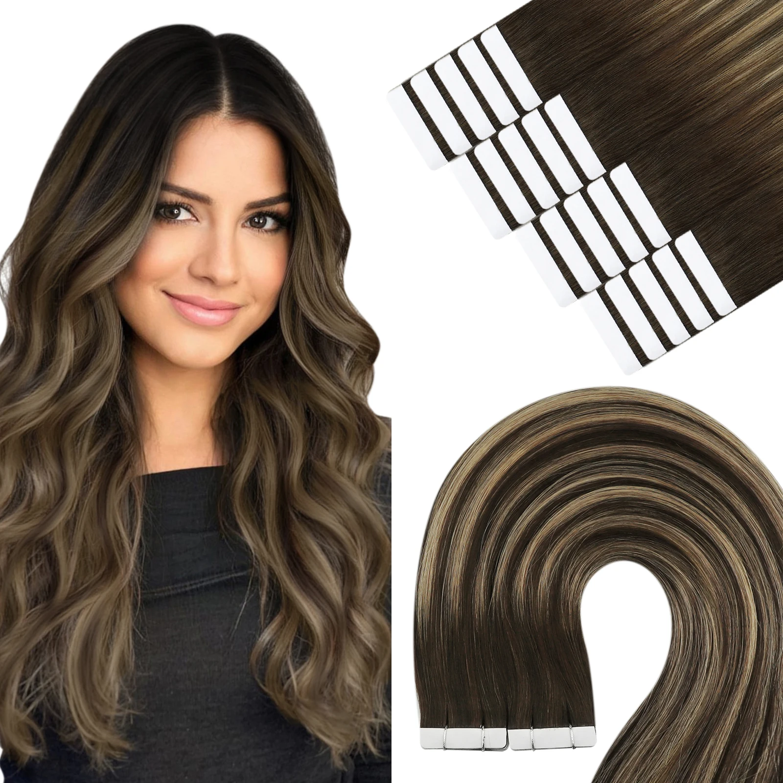 YoungSee Tape in Extensions Silky Straight 100% Human Hair Balayage Color Thick Ends High Quality Brazilian Hair 12-24inches