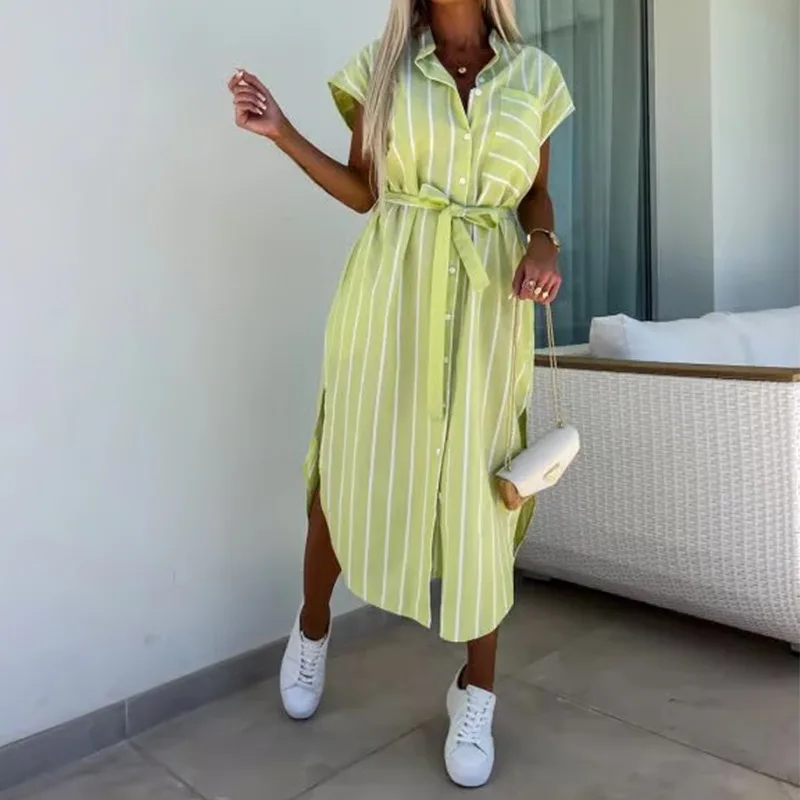 Ele stampato sciolto Midi Dr colletto da donna ort Sve gonna a trapezio a vita alta Faionable Summer Dr