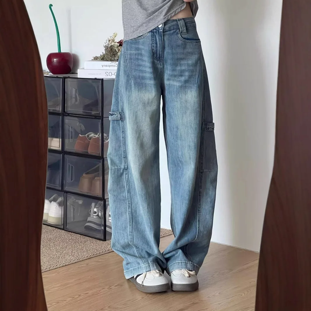 

Denim Jeans Women Solid Pants Pocket Zipper Fly Empire Waist Wide Leg Pants Slight Strech Loose Fit Casual 2025 Spring Summer