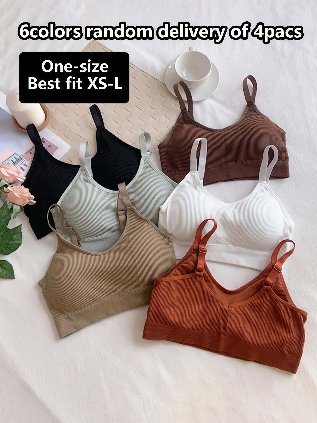 Women Ribbed Camisole Sports Bra 4PCS Random Color Set Wire Free Adjustable Strap Seamless Comfort Cami Top for Daily Wear