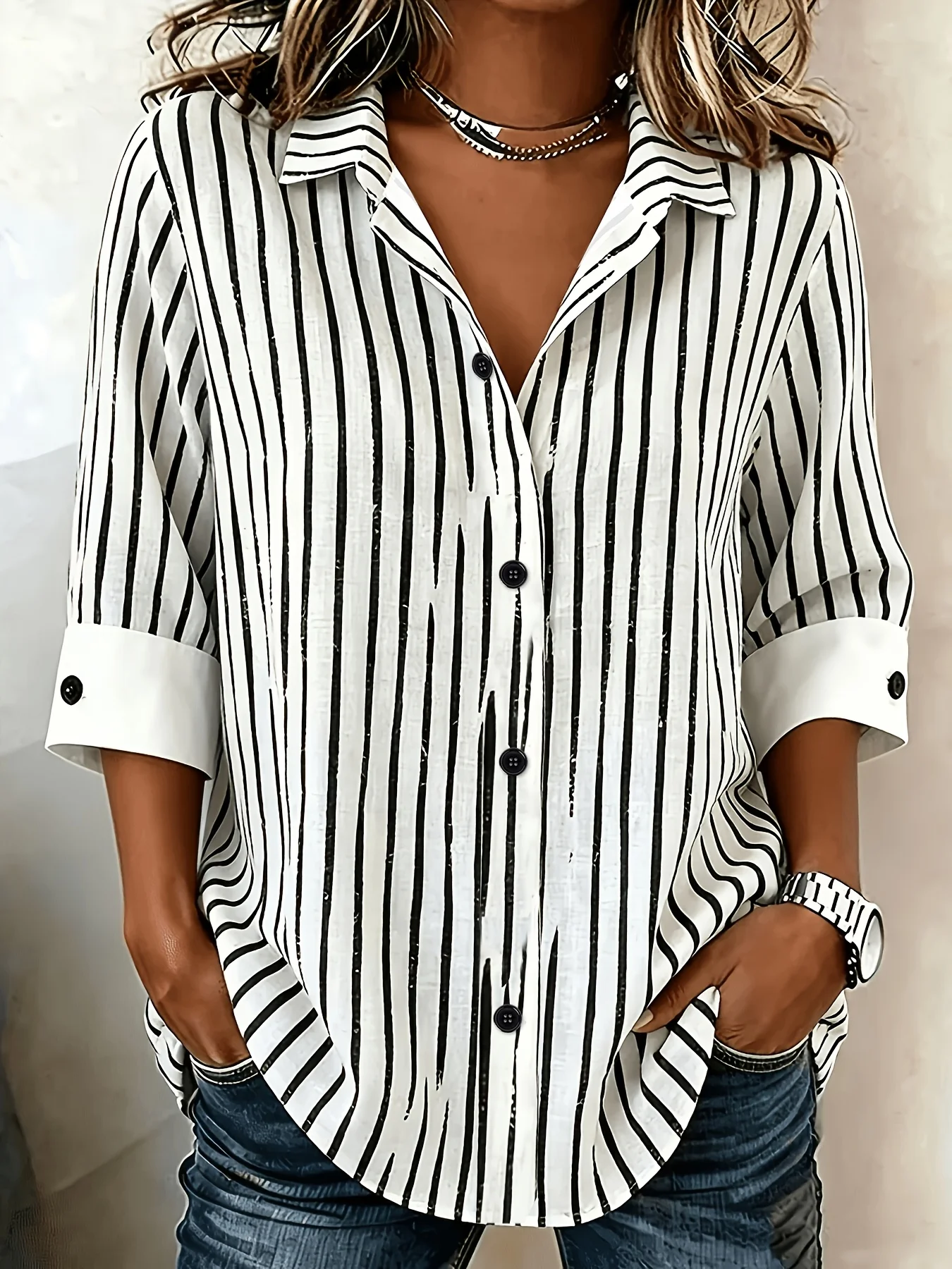 Elegantes, lockeres Damenhemd, modische, lässige Bluse, elegantes Langarm-Damenhemd, Oberteil für den Urlaub und das Wochenende – Detail 2