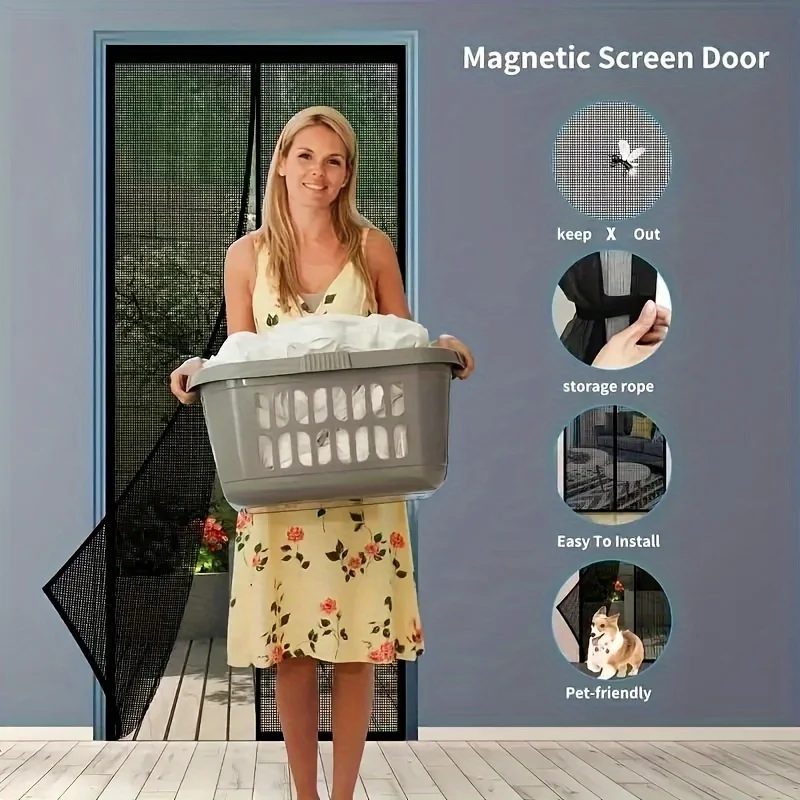 Easy to install magnetic screen door - durable polyester mesh, PET and insect friendly, suitable for doors below 38x82 inches