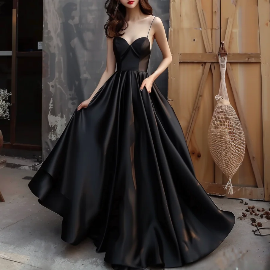 

Black Satin Spaghetti Straps A Line Floor Length Lace Up Back Formal Prom Evening Dress Brithday Elagant Skirt Hand Made W6-14