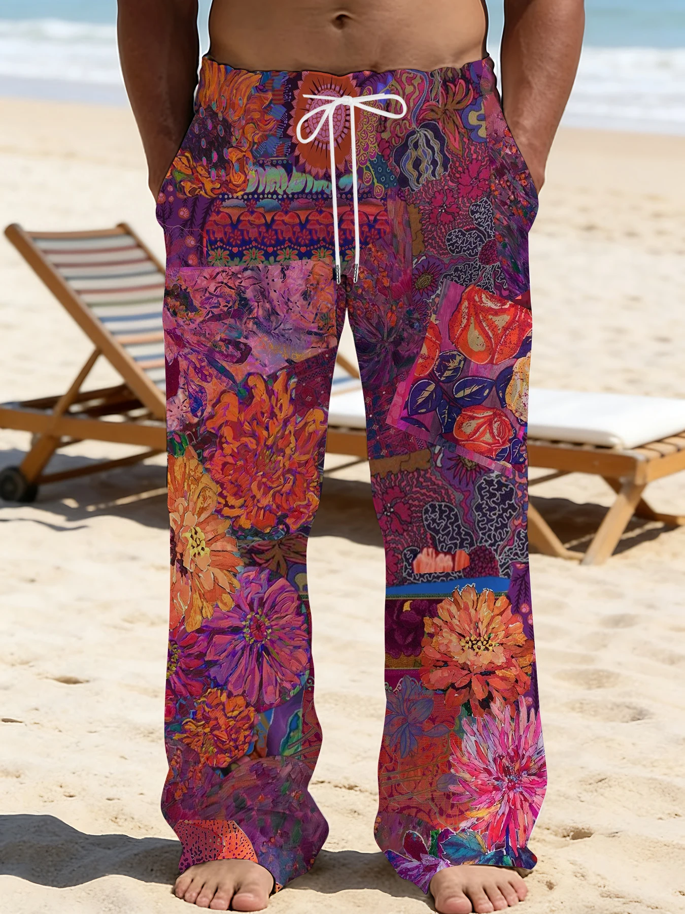 

2026 Men's Printed Straight Leg Pants Drawstring Waist Loose Fit Casual Summer Beach Wear Fashion Trendy Trousers