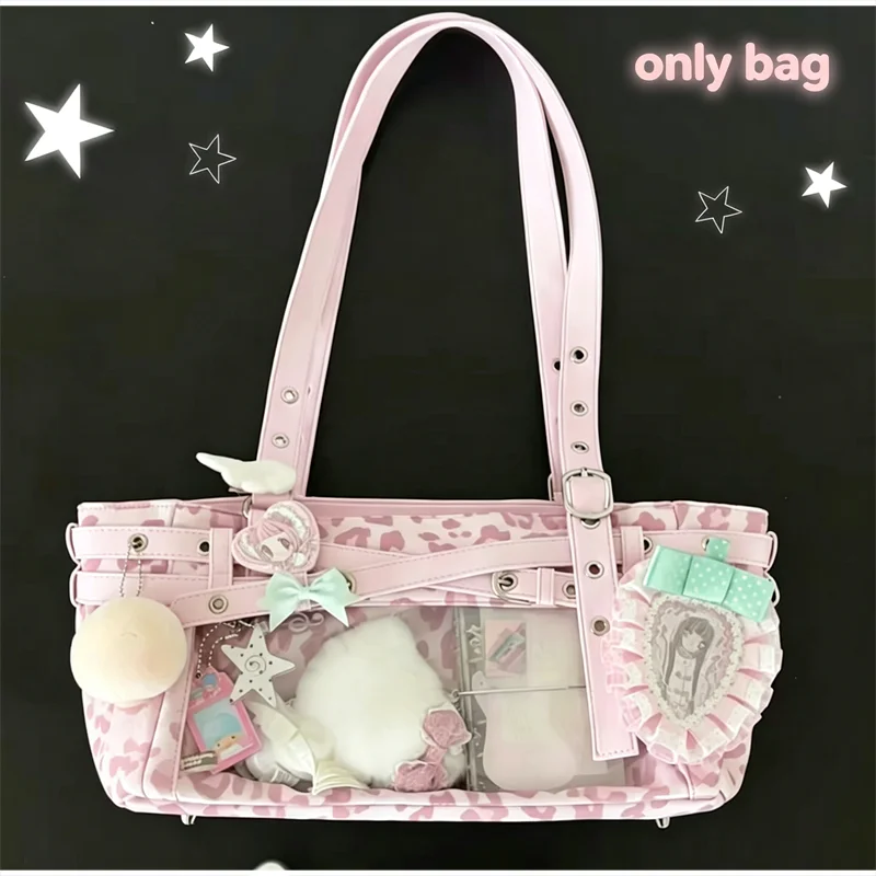Polka Dot Ita-Tasche mit transparentem Sichtfenster, Damen Anime-Schultertasche, Lolita-Handtasche für Mädchen, Kawaii-Geldbörse mit Gürtelschnallendesign – Detail 1