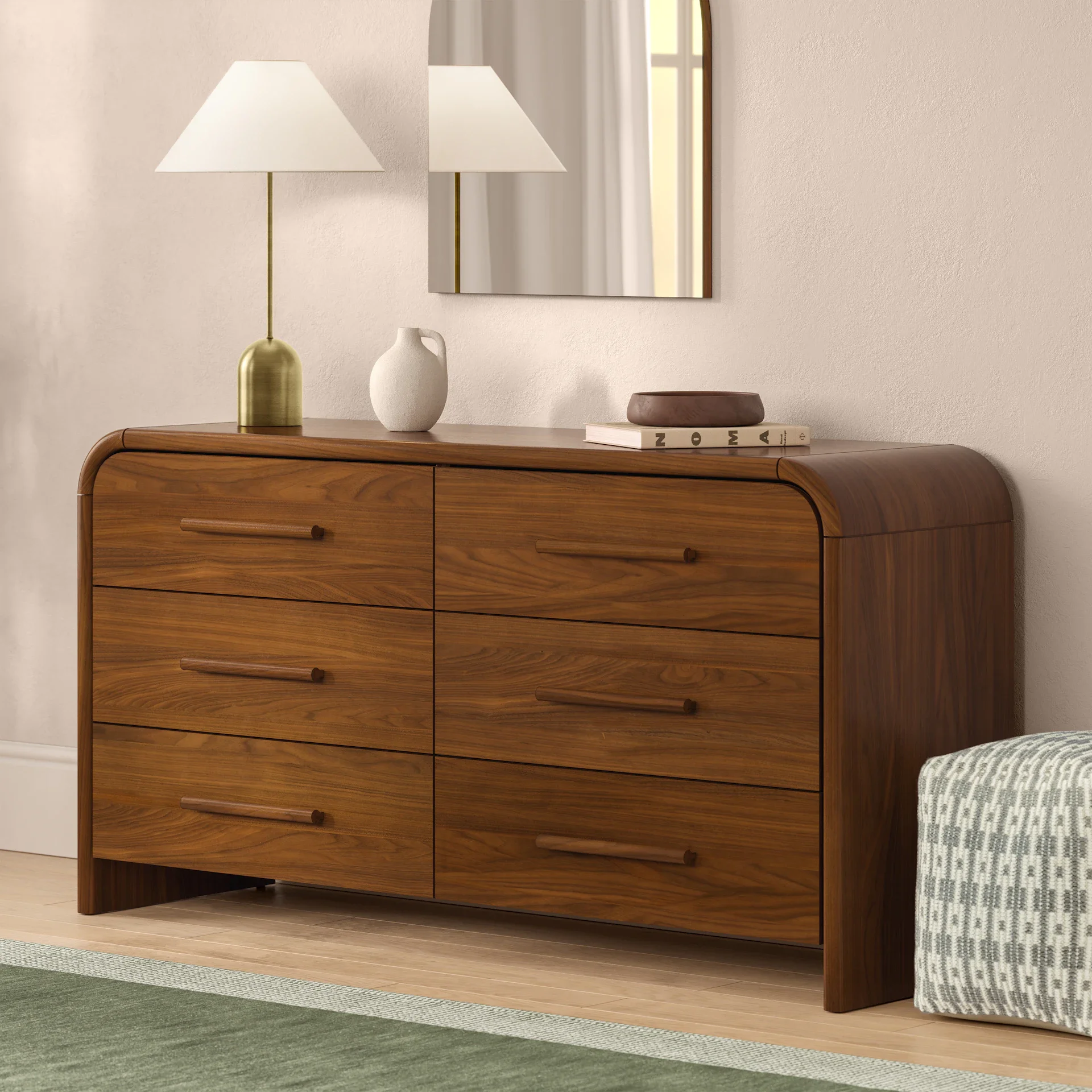 Six-drawer curved cabinet, suitable for storage cabinets in living rooms and bedrooms