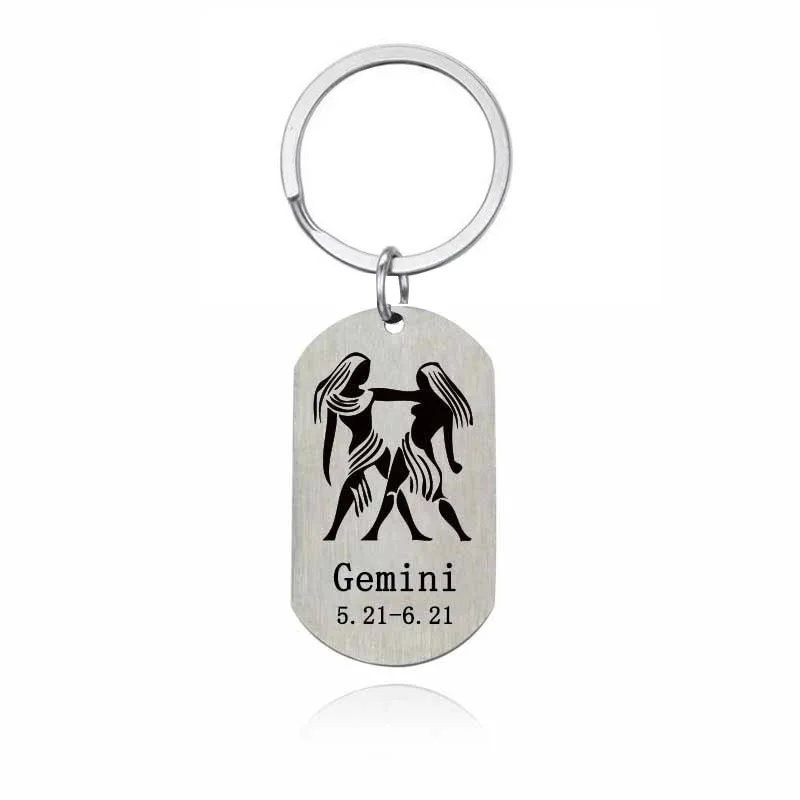 Stainless Steel Zodiac Star Sign Constellation Horoscope Pendant Keychain Lucky Charm with Chain Birthday DIY Jewelry Gift