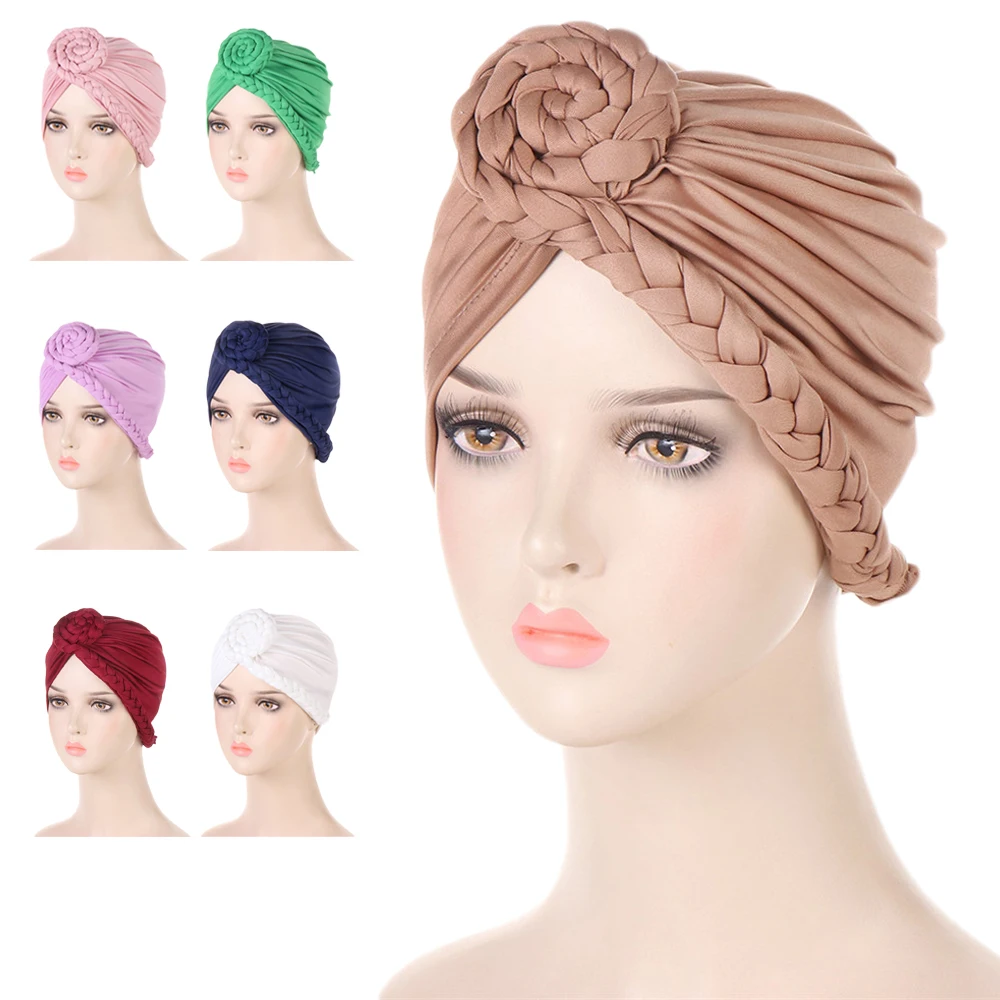 

Women Muslim Hijab Turban Beaids Knot Skullies Turban Stretch Chemo Cap Cancer Hat Bonnet Beanies Hair Loss Headscarf Headwear