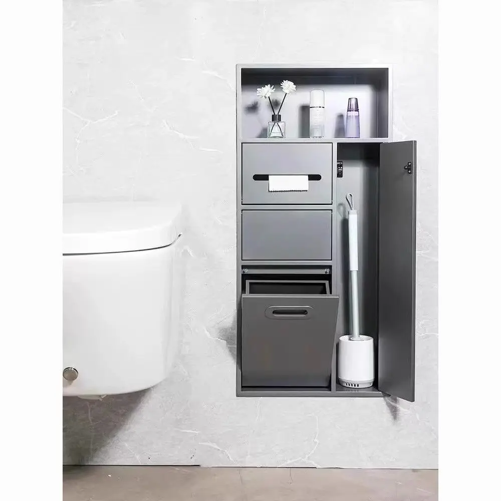 Recessed Wall Niche Cabinet, Bathroom Embedded Storage Niche with Tissue Box & Hidden Trash Bin for Toilet Wall‑mount Organizer