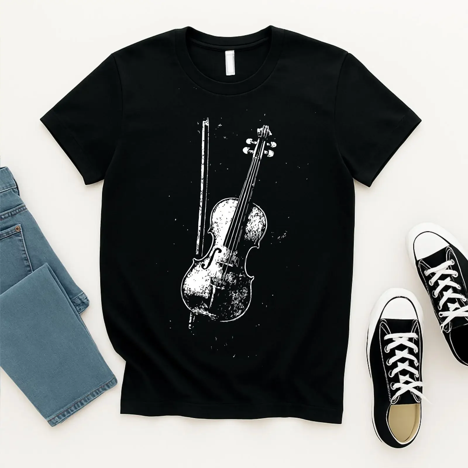 Vintage Fiddle T Shirt Distressed Violin Musician Acoustic Band vintage Washed streetwear homme fashion Stretched Soft graphic