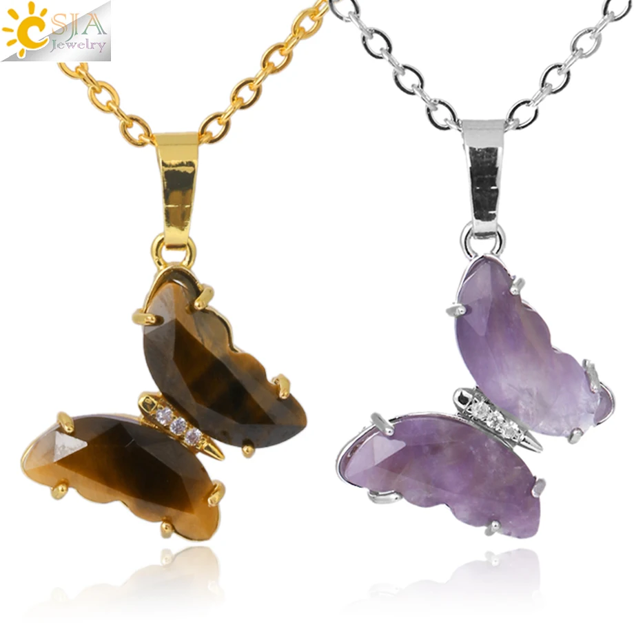 Rock Crystal Necklace Butterfly Necklaces Natural Stone Amethysts Clear Quartz Tiger Eye Pendants Stainless Steel Chain H158