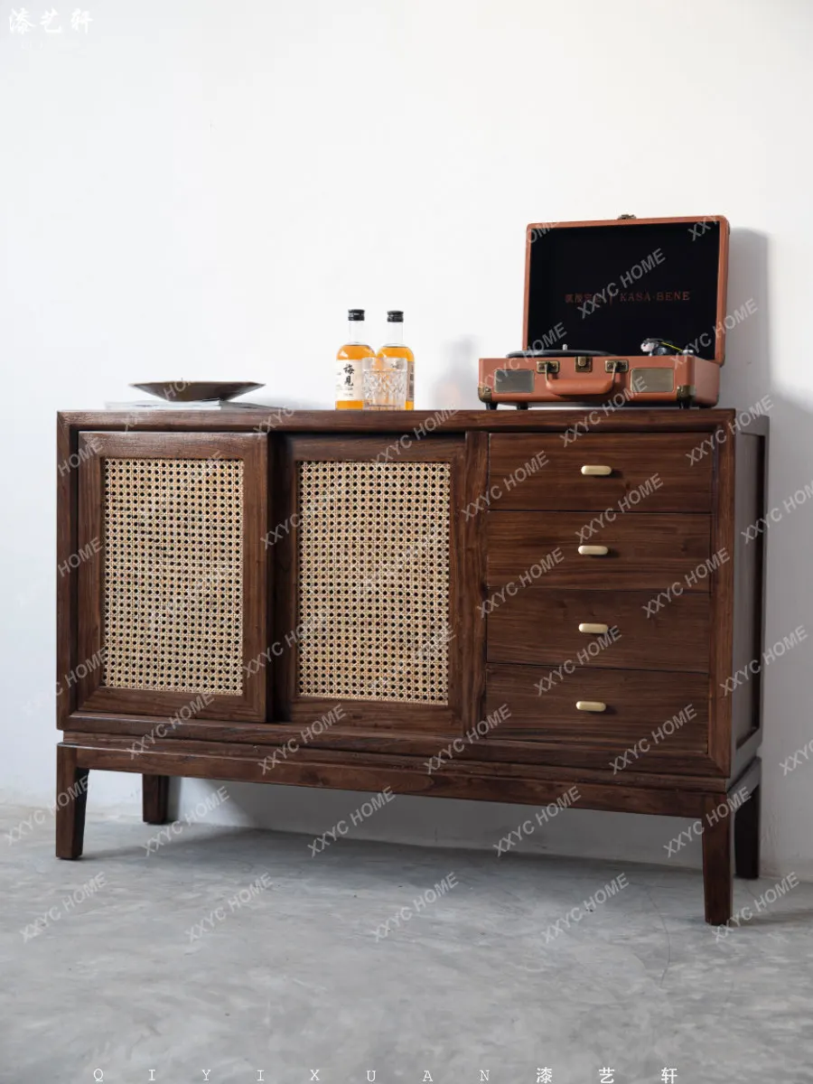 

Solid wood dining side cabinet rattan storage cabinet tea room tea cabinet