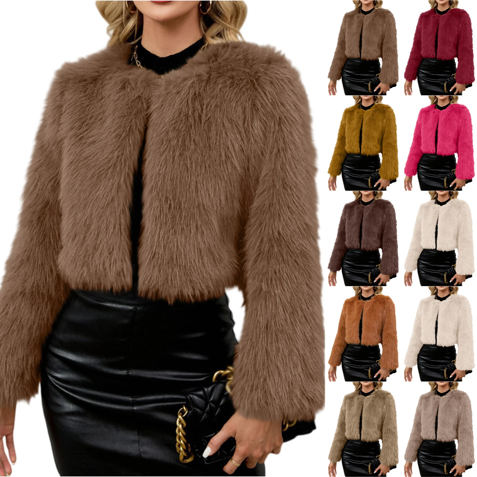 

Женское пальто из искусственного плюша, женское зимнее модное пальто, повседневное короткое пальто с круглым воротником, крутая пушистая короткая меховая куртка для девочек