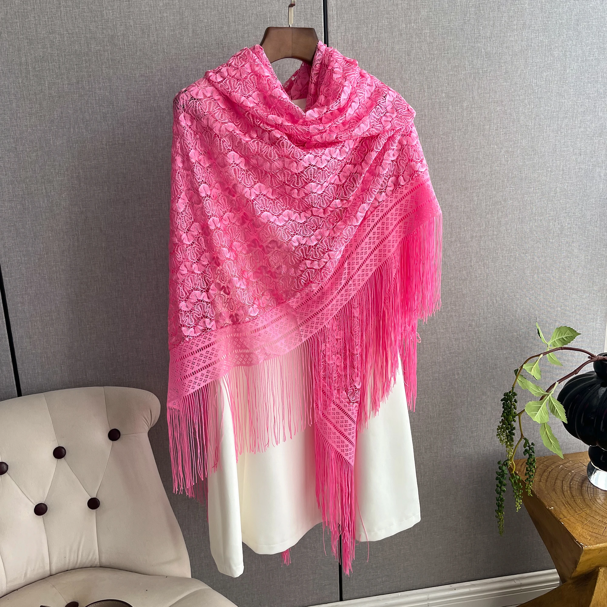 New summer hollowed-out dragon flower large square scarf shawl with long knitted cape scarf thin silk scarf gauze scarf