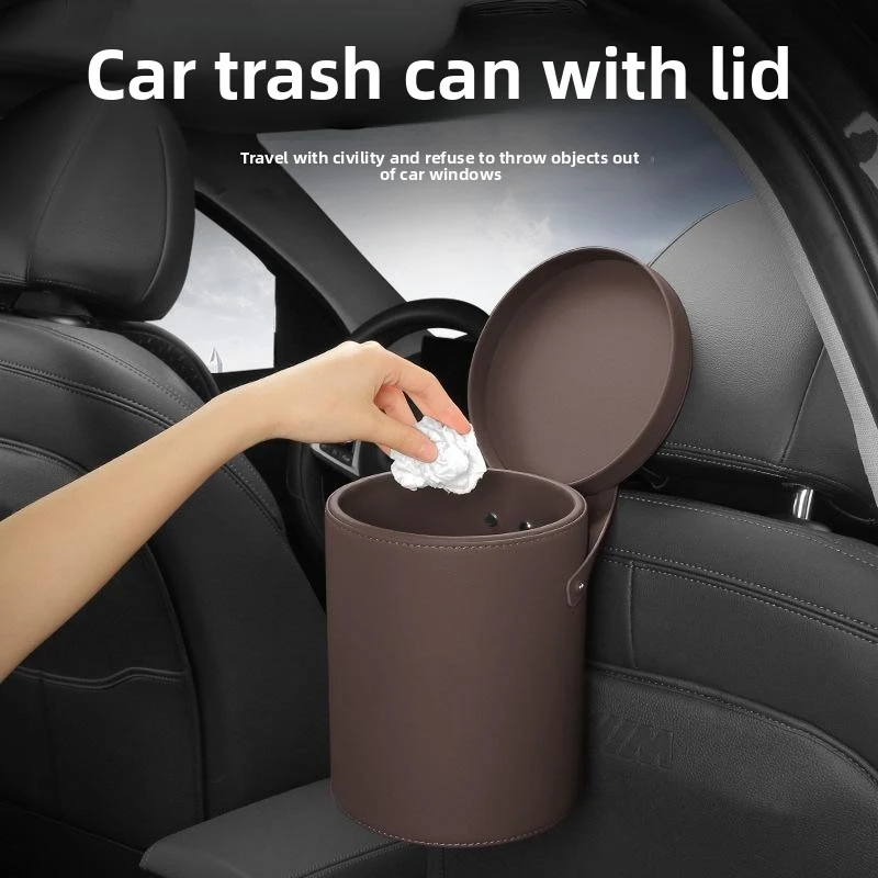 New car-mounted leather trash bag with lid, essential car accessory, portable umbrella storage gadget