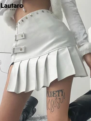 Lautaro Spring Summer Sexy Retro White Black Pu Leather Mini Pleated Skirt Women Zipper Rivet Side Slit Short Designer Clothes