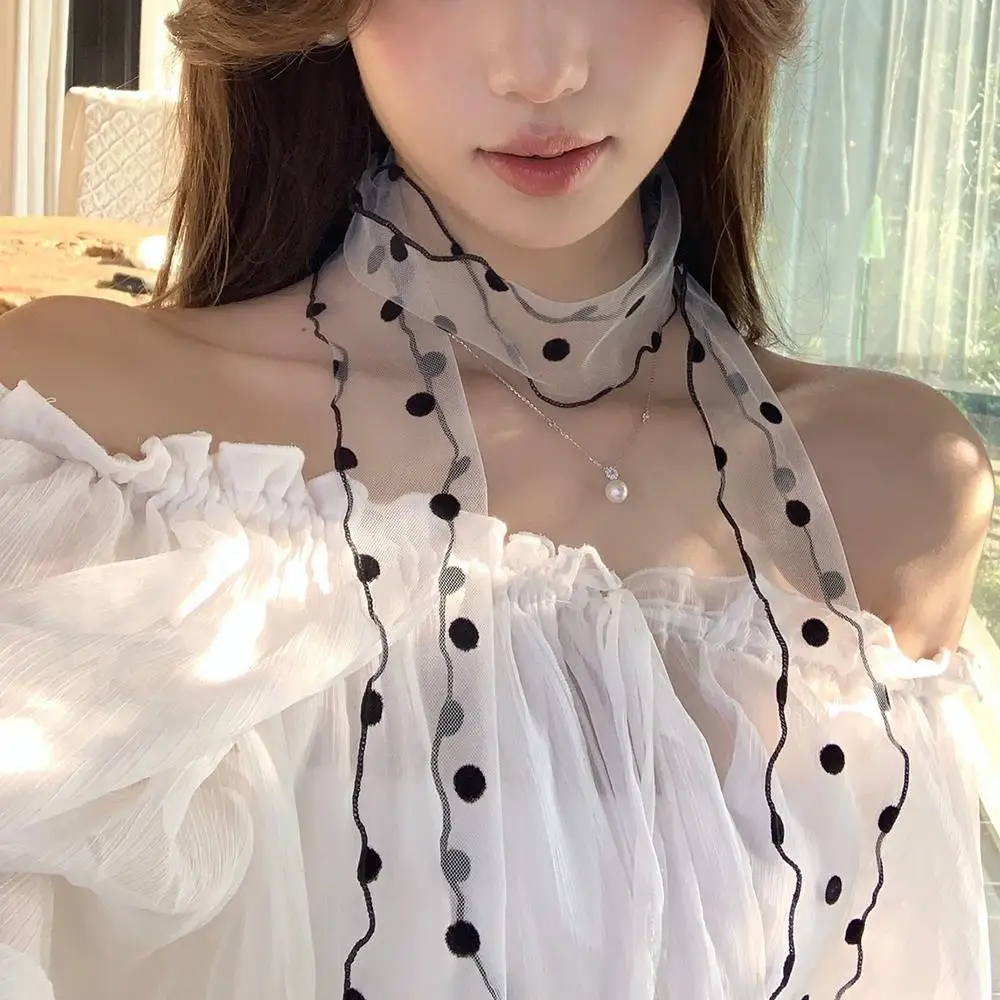 

Fashion Lace Mesh Polka Dot Scarf Summer 2025 Headband Lightweight Sweet Versatile Neckerchief With Ribbon Women Headscarf New