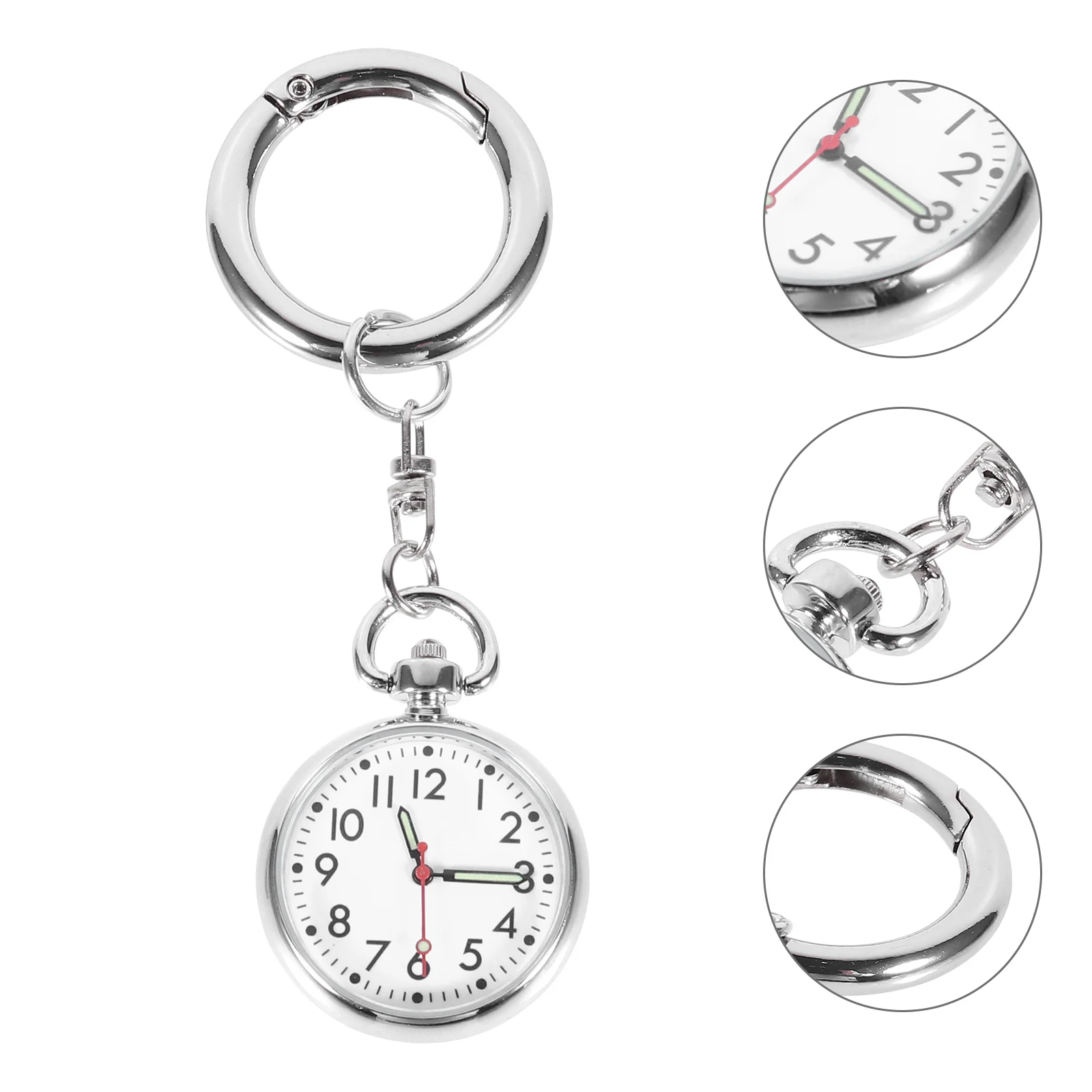 

Portable Luminous Pocket Watch for Nurses Silver Tone Hanging Watch with Key Ring Quartz Movement Chest Clip Timekeeper