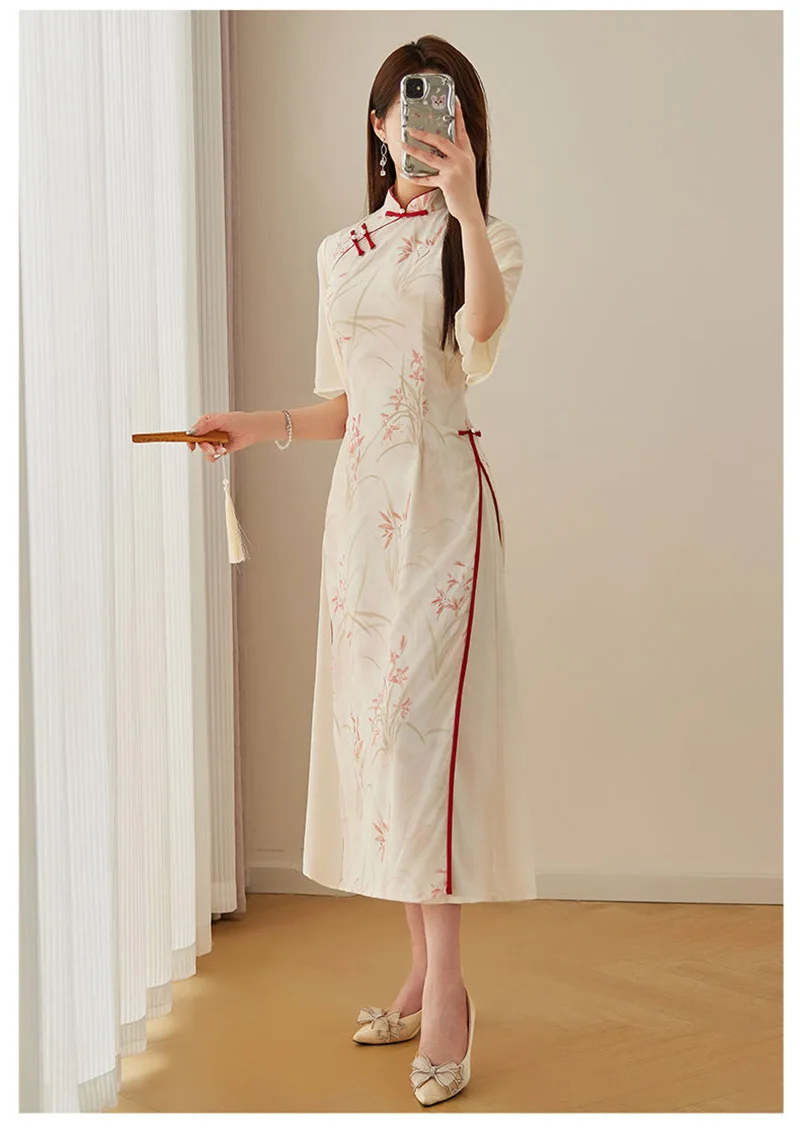 Cheongsam manga solta vintage para mulheres, vestido tradicional chinês, festa de casamento floral feminina, qipao longo, bege, novo, S a 2XL, 2024